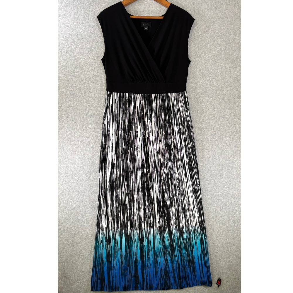 AB Studio Women's Large Maxi Dress Black Blue Ombre Abstract Empire Waist Y2K
